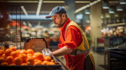 A focused grocery store worker in a red uniform restocks fresh oranges in the produce section. Generative Al - obrazy, fototapety, plakaty