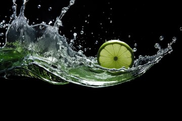 Artistic shot of a sliced lime descending into water. black background.