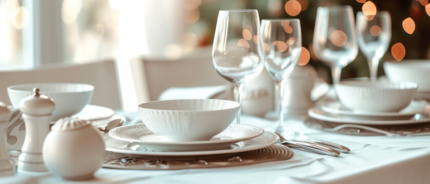 Inviting dining table set elegantly with glassware and linen, ready for a sophisticated dining experience
