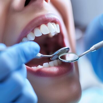A woman is getting her teeth cleaned by a dentist
