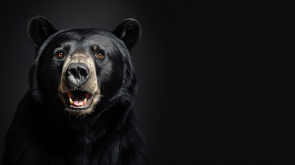 Obraz premium Front view of Sun Bear on dark gray background. Wild animals banner with copy space