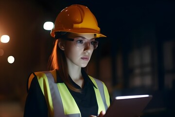 A serious female accountant in a warehouse is depicted, Attractive businesswoman using a tablet PC while standing in his fabric warehouse with a hardhat and glasses, 