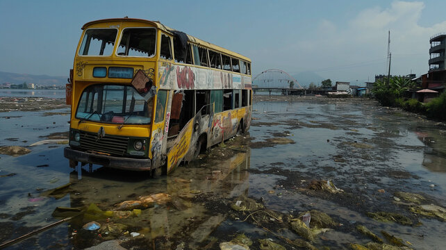 Old bus left by the company on the beach