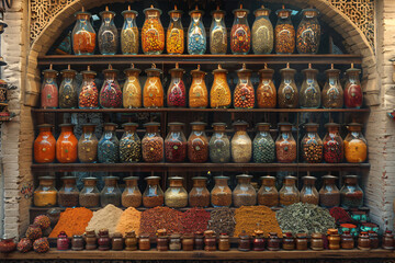 Variety of beans and seeds in glass jars on wooden shelves above heaps of spices and mini jars in a traditional market stall. Design for pantry organization, ingredient storage, and market display con