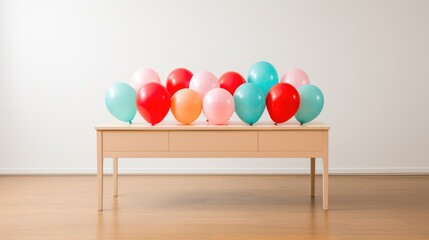 The festive dining table setup is brought to life by the presence of colorful balloons in a brightly lit room