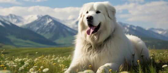 A Great Pyrenees dog, a majestic and greatly beloved breed, is peacefully lying on top of a lush green field. The dogs white fur blends beautifully with the vibrant greenery of the field. - obrazy, fototapety, plakaty