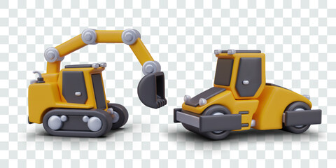Realistic excavator and road roller. Set of heavy equipment for road construction - obrazy, fototapety, plakaty