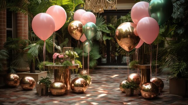 Chic event accents boasting pink and green balloons coupled with abundant green foliage for an elegant setting