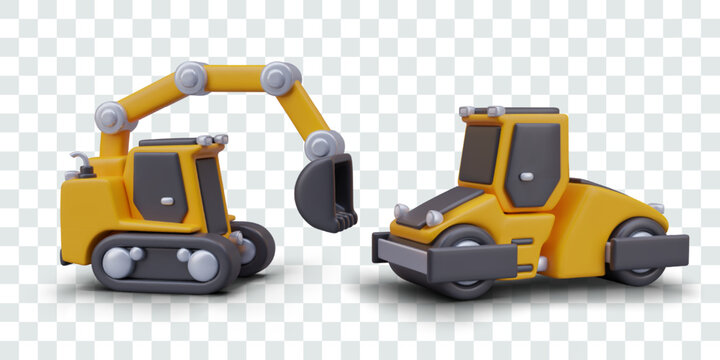 Realistic excavator and road roller. Set of heavy equipment for road construction