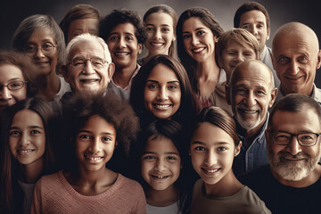 Obraz premium Large group of happy multiethnic and multi-generation people. Created with AI.