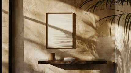 Model with wooden shelves and photo frames on the wall in industrial style. Botanical abstract, black and beige, inspired by the city. Delicate painterly touch, shaped canvas