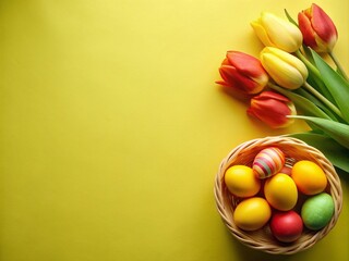 Colourful Easter eggs with tulips in a vibrant yellow spring background