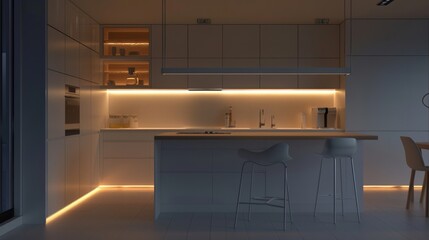 interior design Modern minimalist kitchen with LED lighting to emphasize architectural features. 