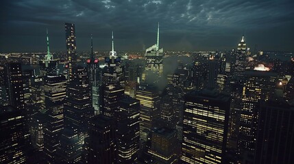 Night view of New York City, buildings are large, distant view