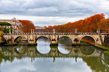Sant'Angelo bridge over Tiber river during cloudy sky background in Rome, Italy. - 751340926