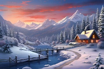 Christmas landscape. Snowy hut cabin. Generate Ai