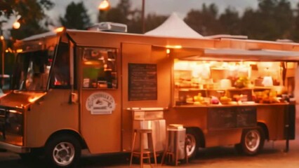 The blurred exterior of a lively outdoor food truck 