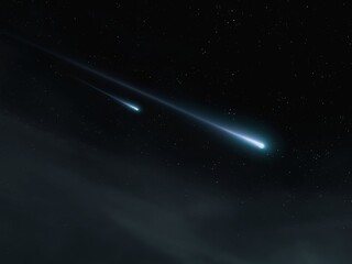 Two meteorites lit up the sky. Meteor shower, beautiful fireballs. Meteor trails against the background of stars at night.