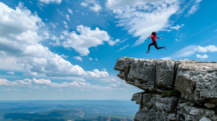Fototapeta premium a wide_angle view of a person leaping into the air from the edge of a granite cliff during the summer
