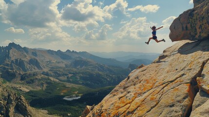 a wide_angle view of a person leaping into the air from the edge of a granite cliff during the summer