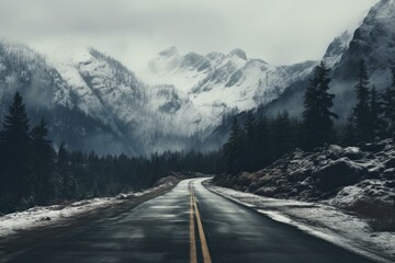 Snowy road with mountain view. Winter alpine scenic landscape nature. Generate ai - obrazy, fototapety, plakaty