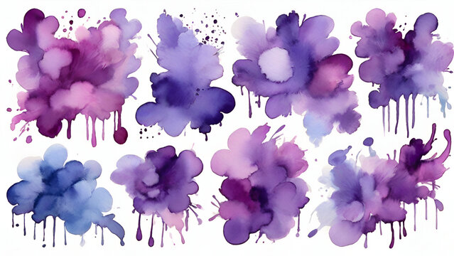 Watercolor stain purple and blue brush set white background. generated by AI