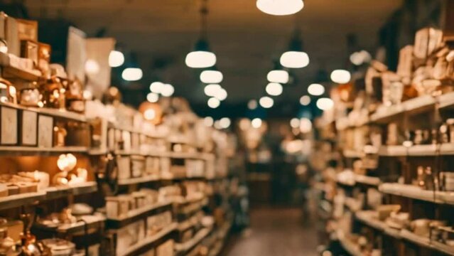 The blurred interior of a quirky vintage thrift store
