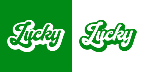 Día de San Patricio. Logo con palabra Lucky en texto manuscrito con sombra para tarjetas y felicitaciones - obrazy, fototapety, plakaty