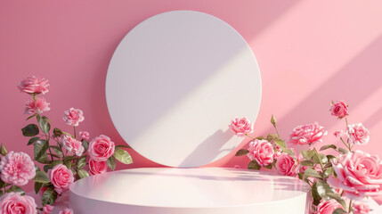 Background with light pink roses and round 3d podium