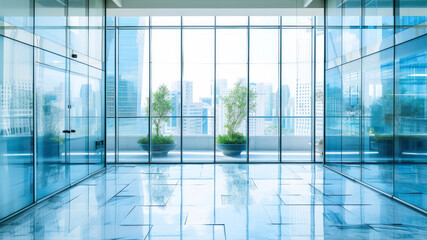 Interior of a modern office building with glass walls and blue floor