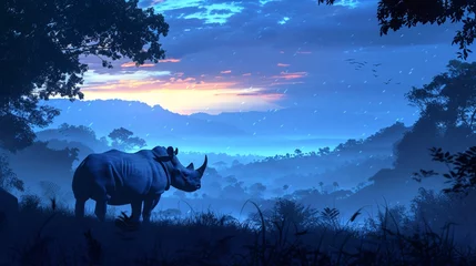 Fotobehang a rhino standing in a grassy field © Ion