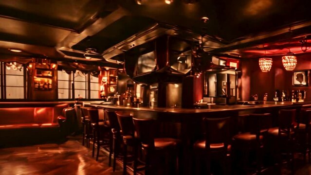 The blurred interior of a dimly lit underground speakeasy bar