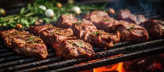 Marinated lamb steaks and assorted vegetables sizzle on the hot grill during a BBQ session. The flames char the outer edges while the juices seep into the meat, creating a savory aroma. - obrazy, fototapety, plakaty