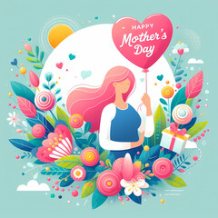Happy Mother's Day gift card. Colorful Illustration with woman, blossom flowers and a baloon.