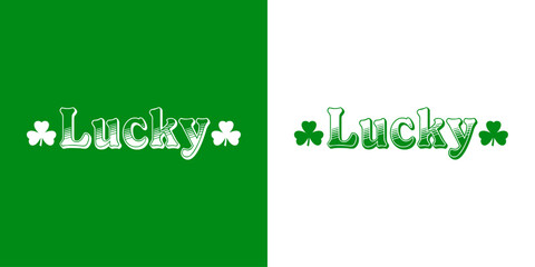Día de San Patricio. Logo con palabra Lucky con silueta de treboles para felicitaciones y tarjetas - 751342323