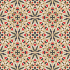 Creative color abstract geometric mandala pattern in beige gray red brown, vector seamless, can be used for printing onto fabric, interior, design, textile.