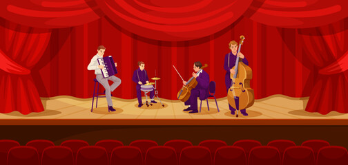 Group of musicians are playing on a stage in front of red curtain. Musicians are dressed in black and white and are playing variety of instruments including cello, trombone, tuba. Vector illustration © GN.STUDIO