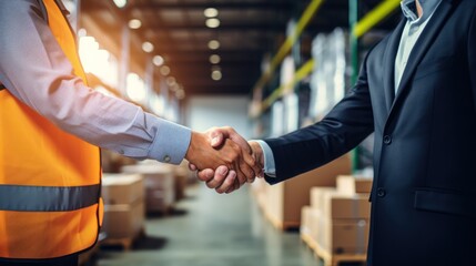 Business handshake in a warehouse between two employees