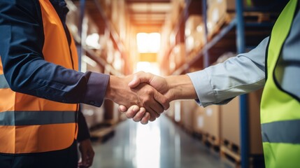 Business handshake in a warehouse between two employees