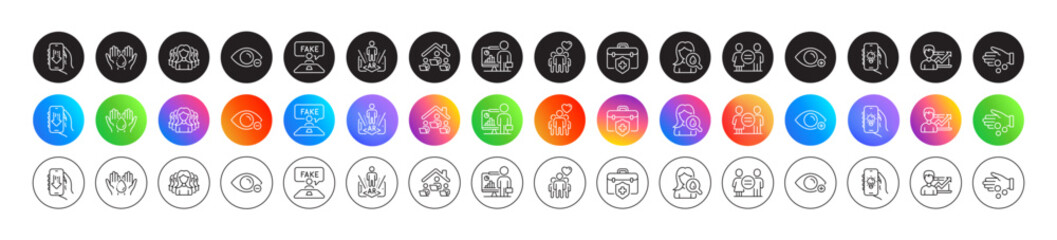 Equality, Medical insurance and Myopia line icons. Round icon gradient buttons. Pack of Moisturizing cream, Augmented reality, Women group icon. Vector