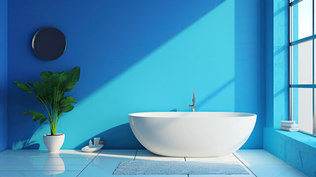 Modern bathroom with blue walls, tiled floor, white bathtub and round mirror.