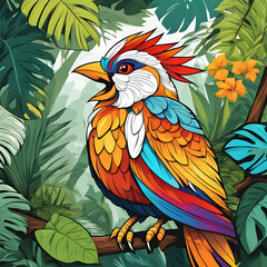 Obraz premium Cute bird illustration in jungle, green plant covered jungle background 