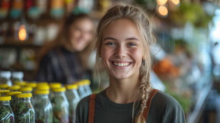 Joyful teenager in an organic store, representing freshness and a healthy modern lifestyle - obrazy, fototapety, plakaty