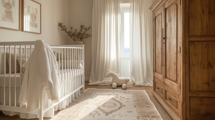 A serene nursery with natural wood furniture and soft textiles offers a peaceful, sunlit space for a baby's rest
