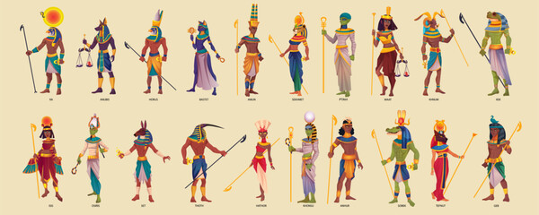 Fototapeta na wymiar Ancient Egyptian gods in various gestures. A group of ancient Egyptian gods are depicted standing next to each other, with their bodies in dynamic gestures. Vector illustration