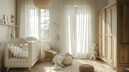 A serene nursery with natural wood furniture and soft textiles offers a peaceful, sunlit space for a baby's rest