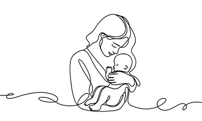 Vector image of a mother with a child in her arms, in a linear style.