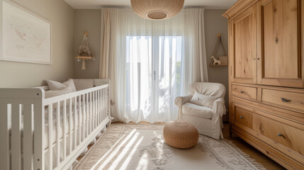 Fototapeta na wymiar A serene nursery with natural wood furniture and soft textiles offers a peaceful, sunlit space for a baby's rest