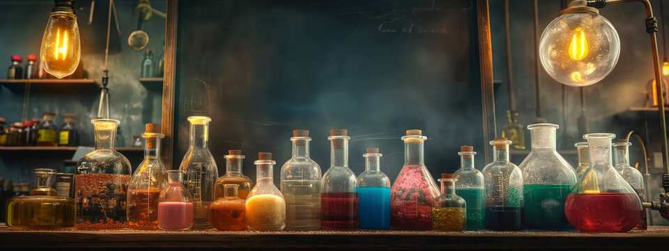 Laboratory with lots of glass jars and pipes with coloured liquid prominently on blackboard background.