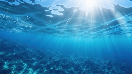 Sunbeams penetrating the deep blue underwater tableau